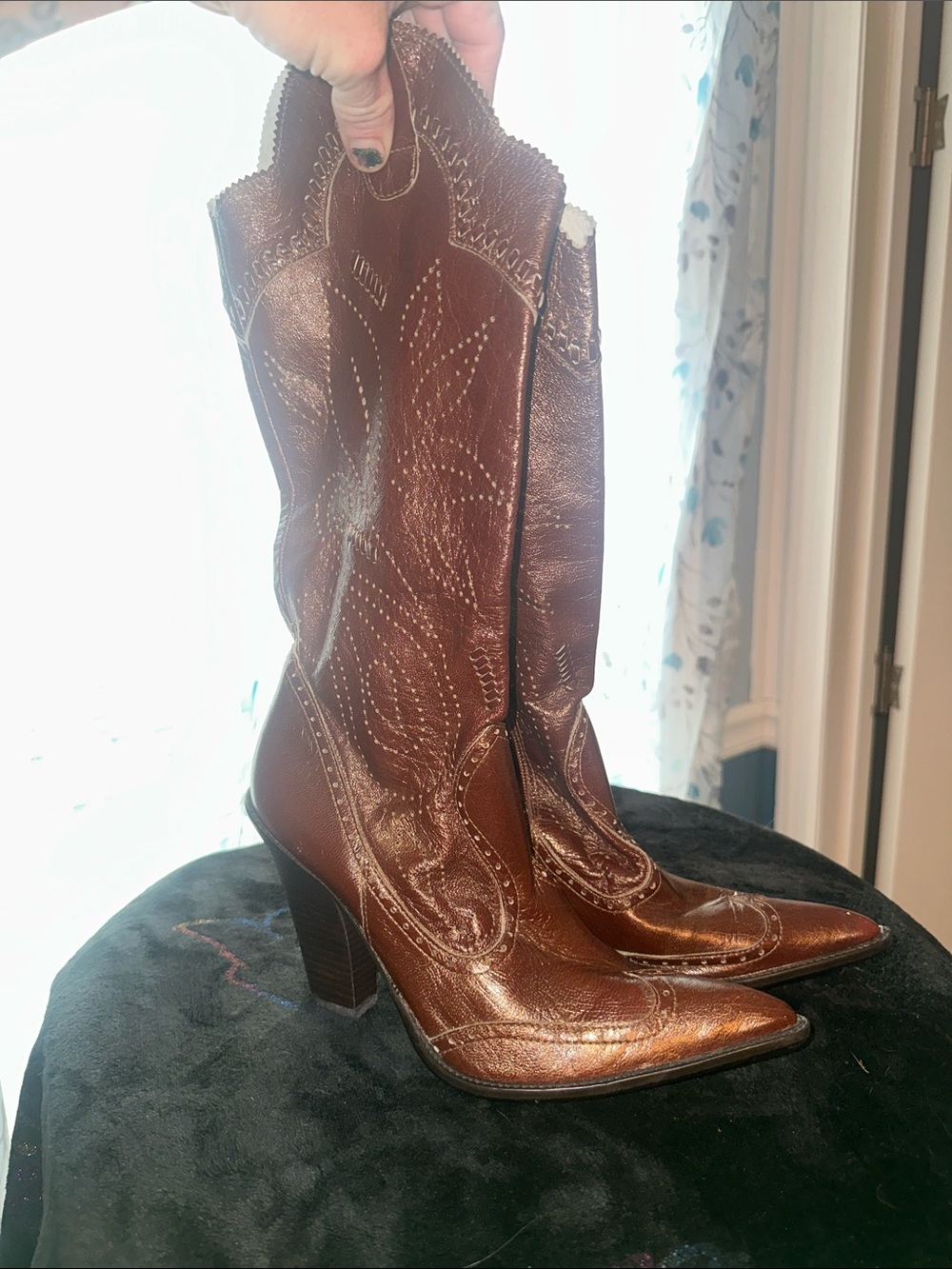 BCBGirls Brown Leather Pointed-Toe Western Heeled Boots